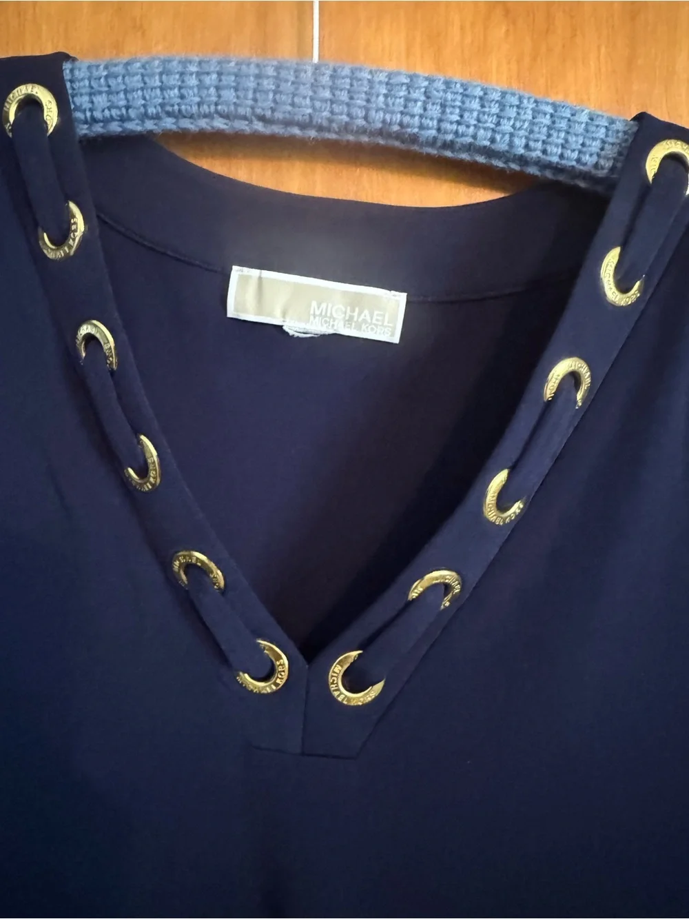 Michael Kors Navy Sleeveless V-Neck Tank with Gold Eyelet Trim